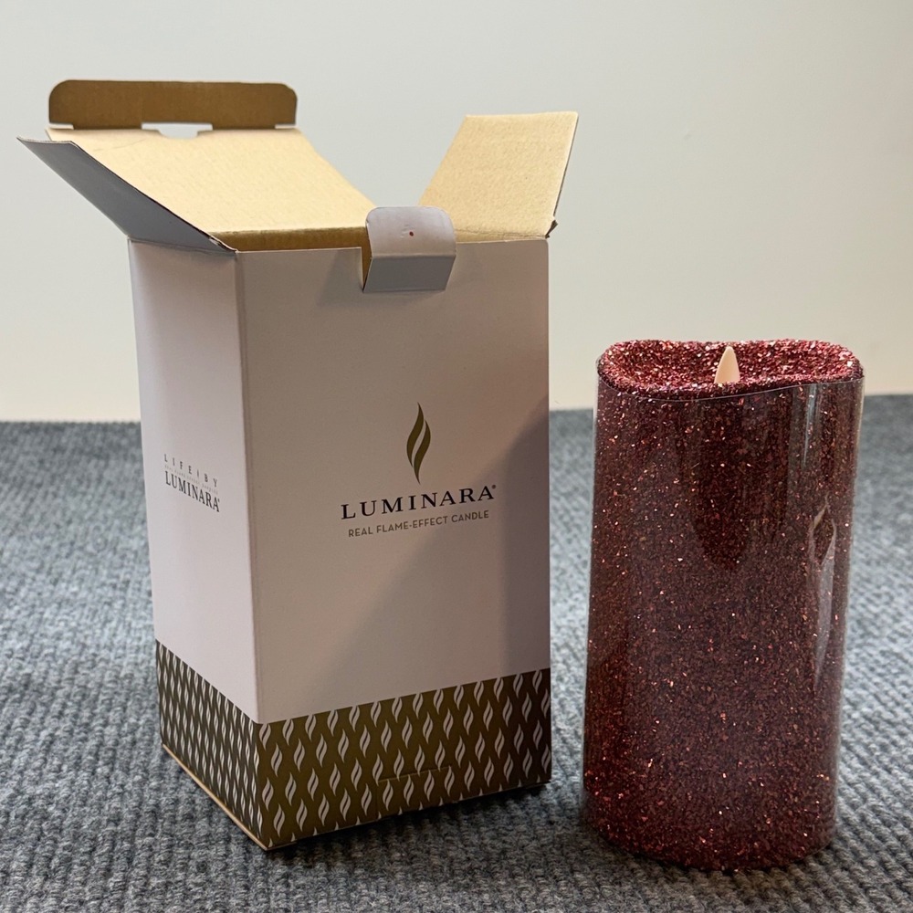 Luminara LED Flame Effect Candle 7in Red Glitter Remote Battery Flameless NIB